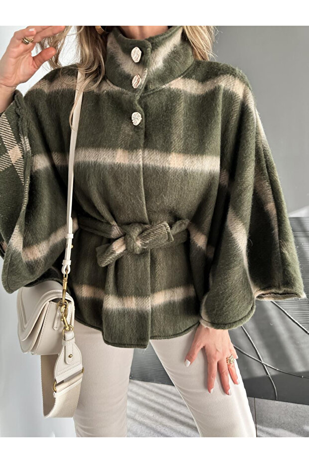 Women's Khaki Plaid Cashmere Poncho
