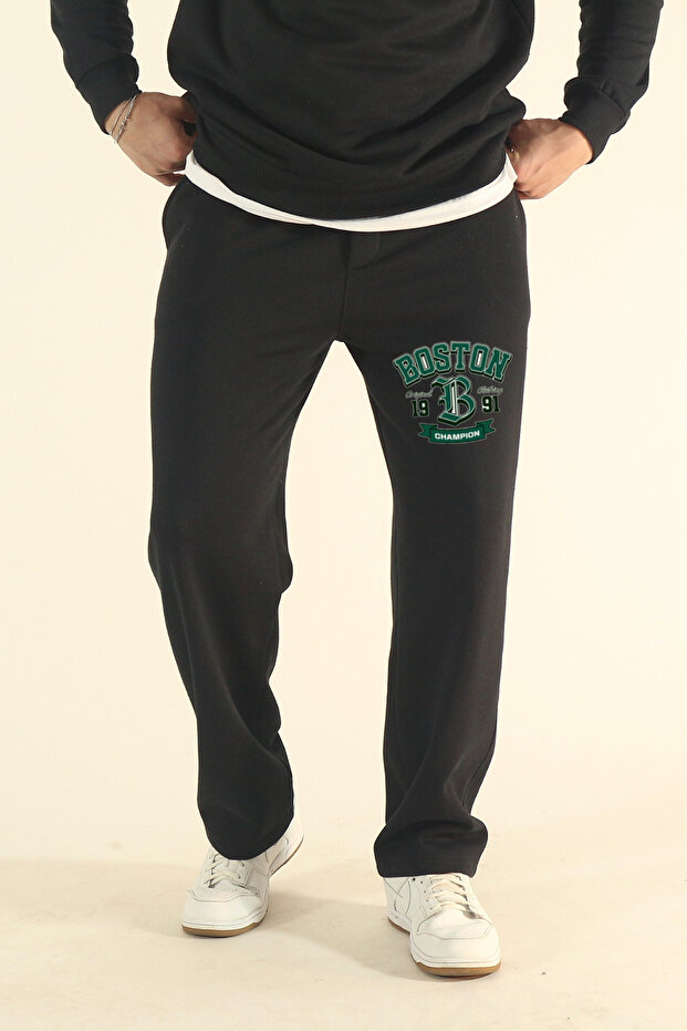Men's Baggy Boston Letter Print Winter Cotton Wide Leg Sweatpants