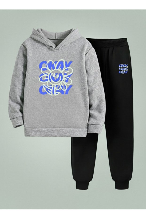 Hooded Sweatshirt - Tracksuit Kids Set Okayy Printed 3 Thread Ribbed