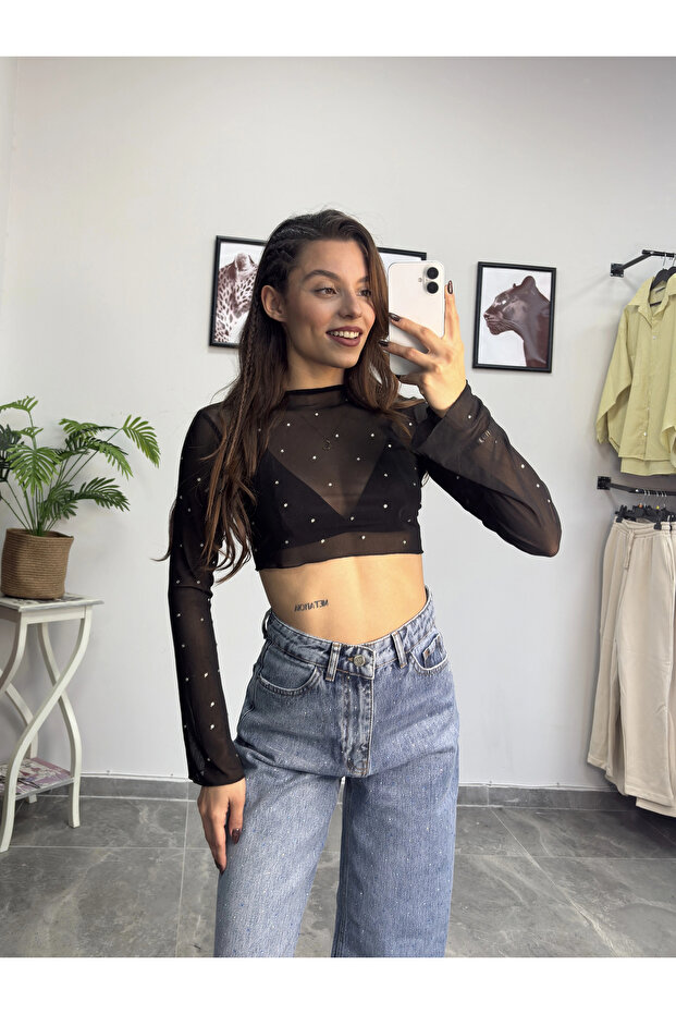 Taşlı İspanyol Kol Siyah Tül - 3