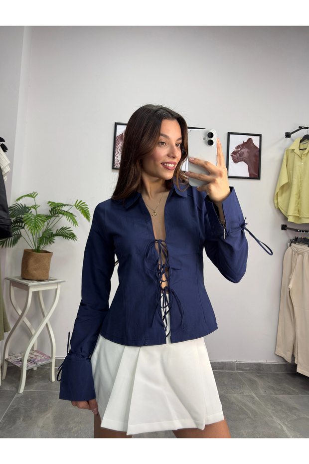 İp Bağlamalı Lacivert Gömlek - 5