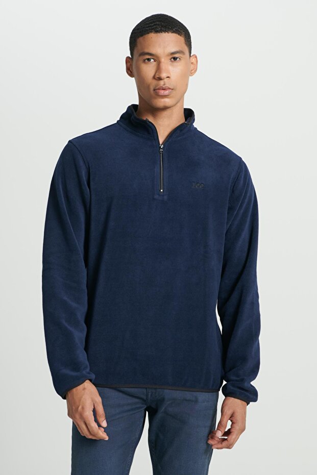 Regular Fit Regular Cut Stand Collar Half Zipper Navy Blue Fleece