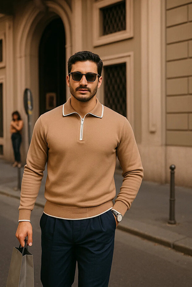 Men's Zippered Camel Long Sleeve Polo Neck Knitwear Sweater