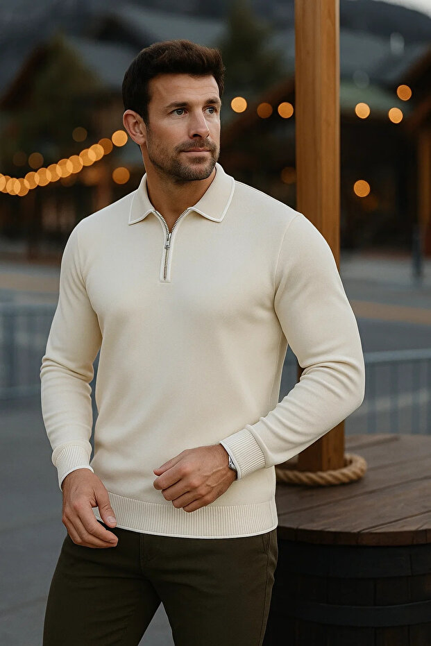 Men's Casual Long Sleeve Cream Polo Neck Sweater