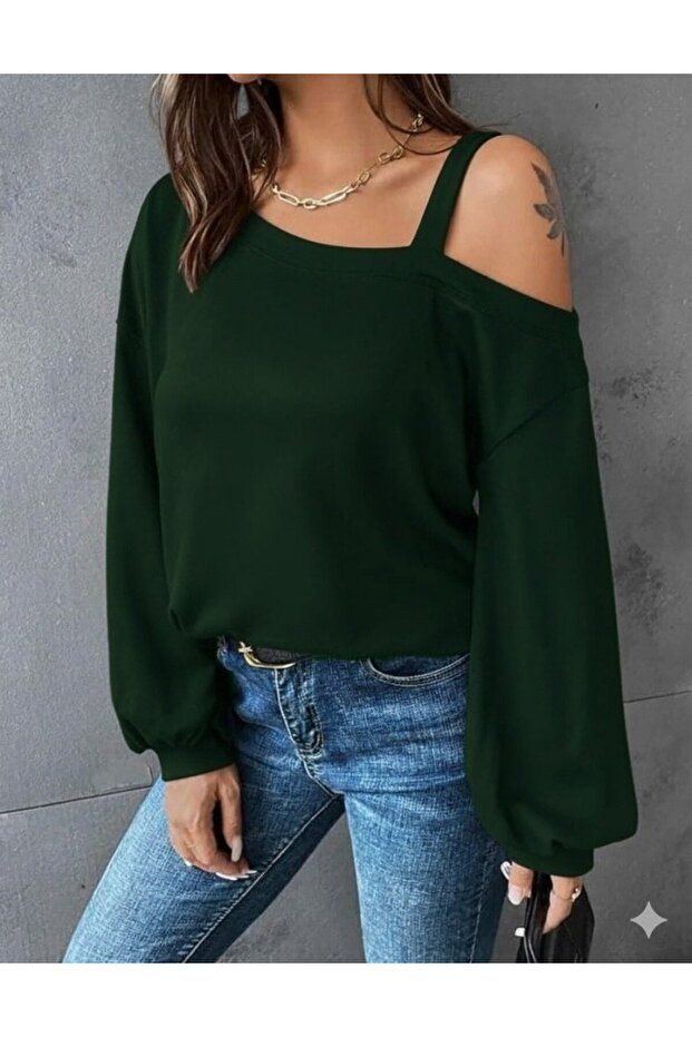 Women's long sleeve one shoulder strap detail loose viscose two thread blouse