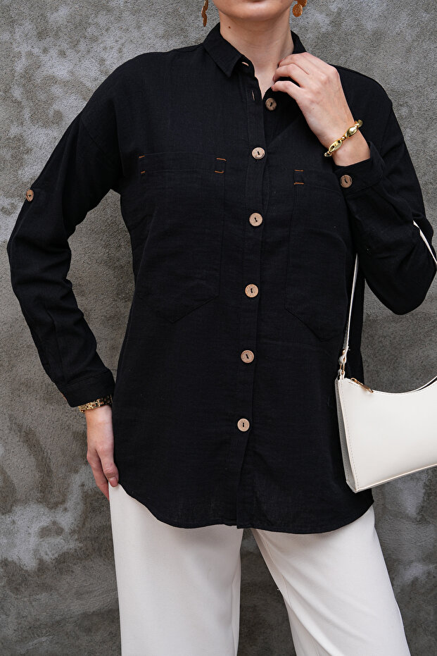 Wooden Buttoned Folding Sleeve Double Pocket 75% Cotton 25% Linen Shirt
