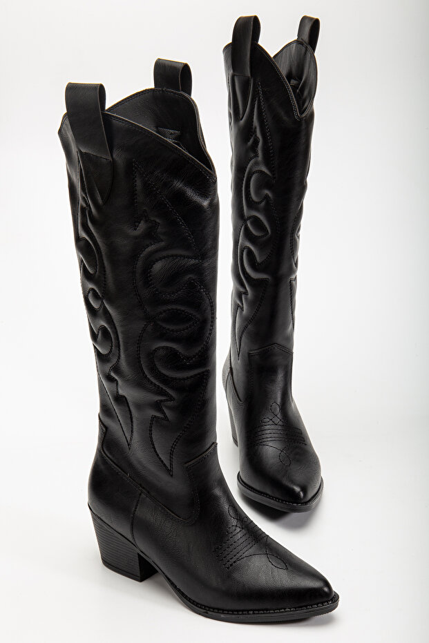 Women's Black Leather Embossed Embroidered Long Cowboy Boots