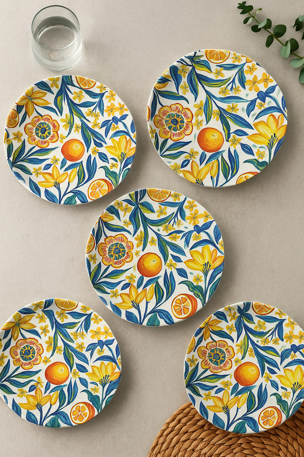 Colored Citrus Floral Print (6 Pieces, 20 CM) Cake, Dessert or Breakfast Plate Set