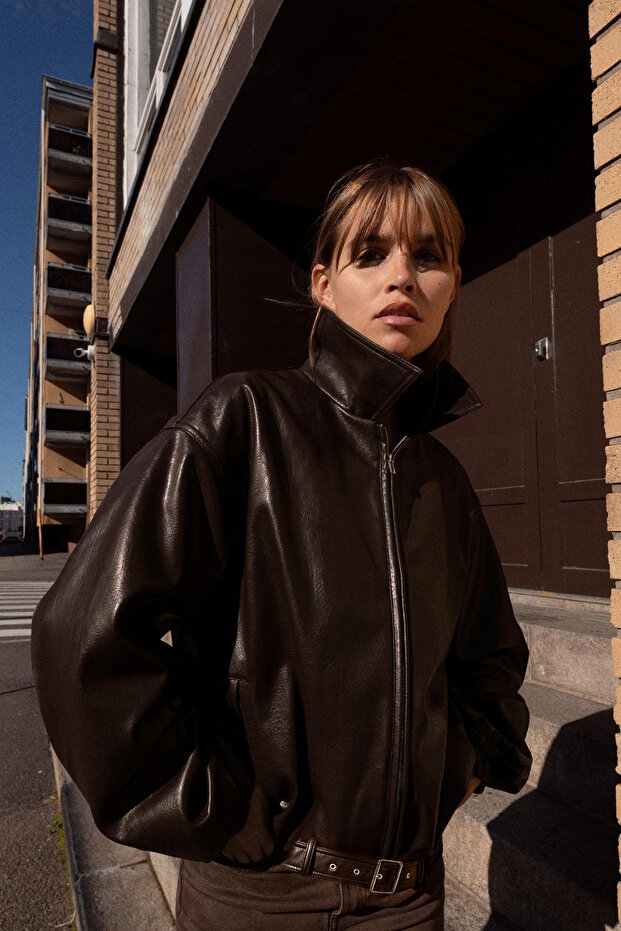 Suni Deri Bomber Ceket - 3