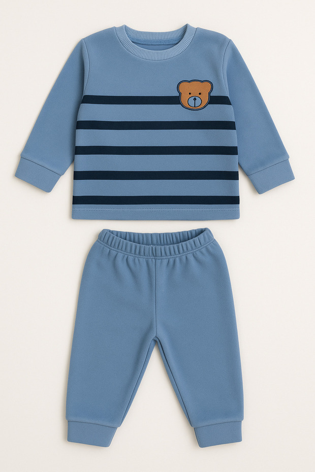 Striped Teddy Bear Printed Winter Unisex Fleece Baby Set Girl and Boy Baby Fleece 1-4 Years