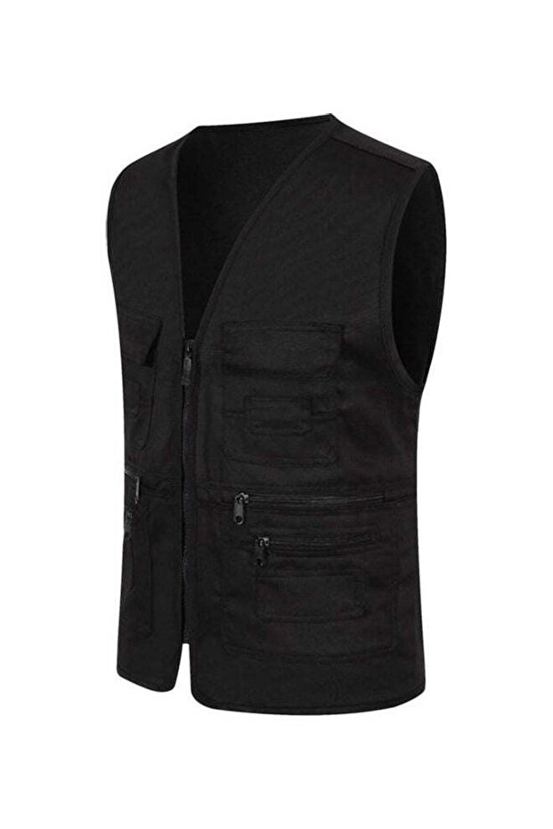 Multi-Pocket Solid Colour Waistcoat Black - 1