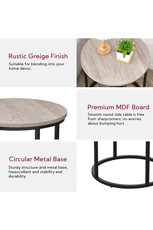 Yusong Round End Table 20" Accent Small Side Table Nightstand - Grey - 5