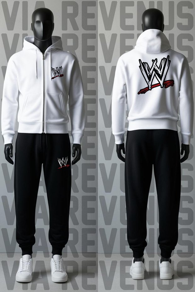 Wwe Printed Zippered Hooded Sweatshirt and Sweatpants Unisex Sports Set