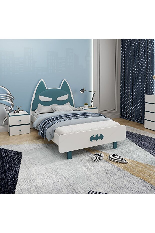 Knight 120x200 Kids Bed with Upholstered Headboard, White/Teal Blue, Engineered Wood, 2 Yrs Warranty