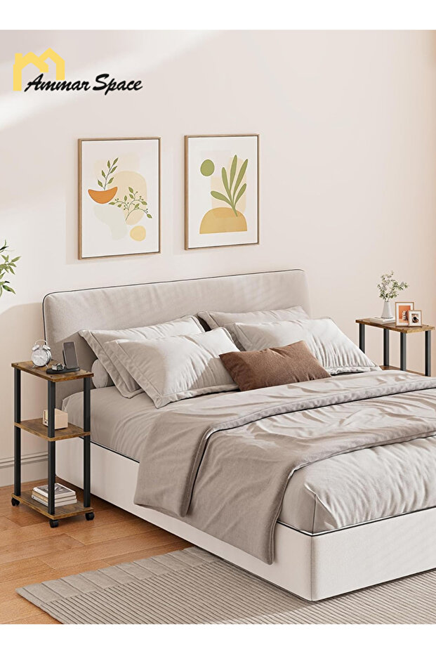 Side Table with Wheels Set of 2 End Table Nightstand with 2-Layer Storage Shelves for Living Room - 2