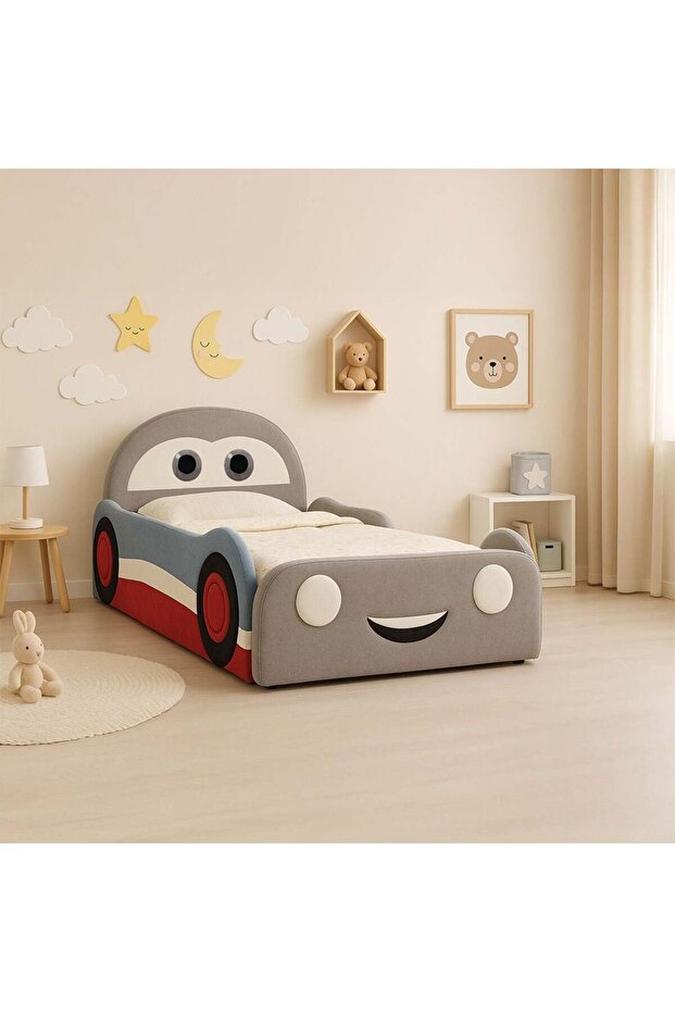 McQueen Car Kids Bed 90x200 - Upholstered Light Grey & Blue/Red, Engineered Wood, 2 Year Warranty