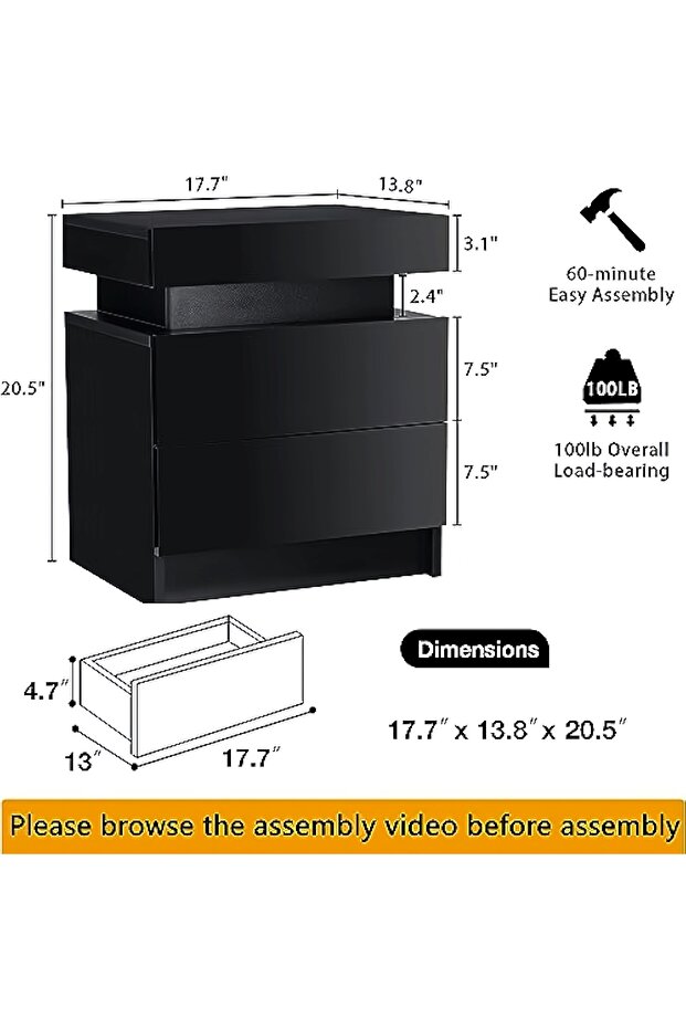 Nordic style LED bedside table, modern smart bedside table with two drawers, with USB port - 3