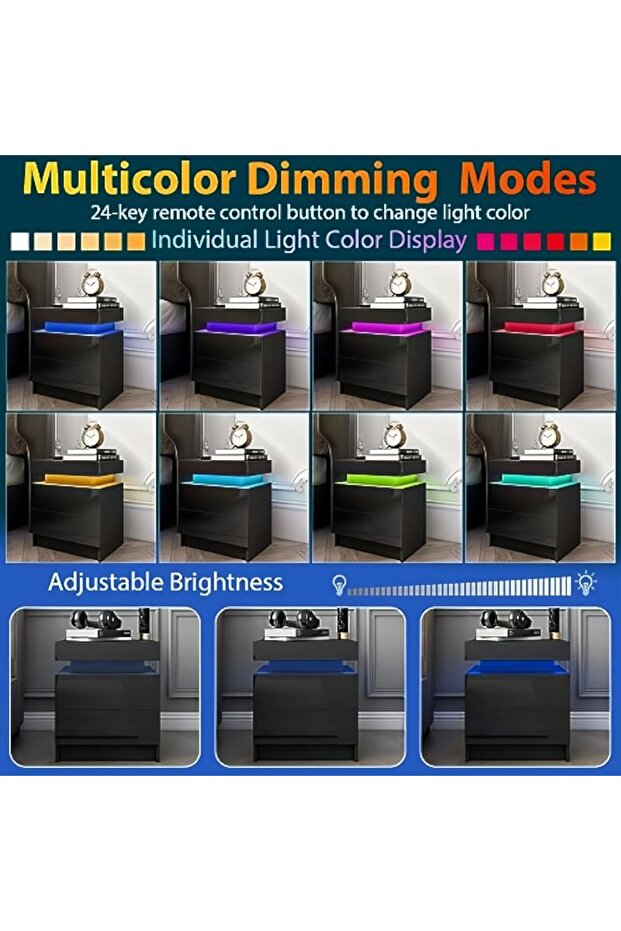 Nordic style LED bedside table, modern smart bedside table with two drawers, with USB port - 4