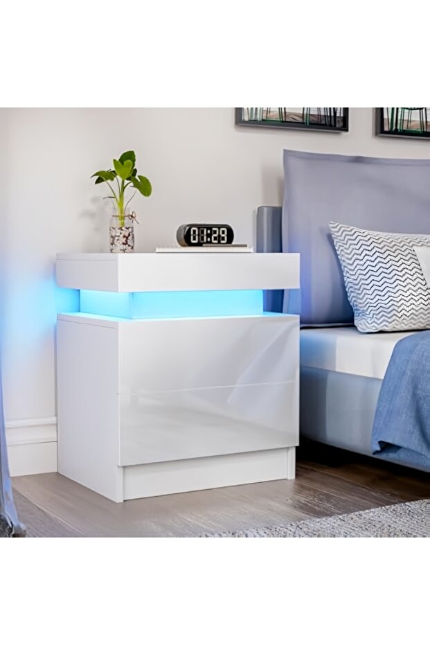 Nordic style LED bedside table, modern smart bedside table with two drawers, with USB port - 2