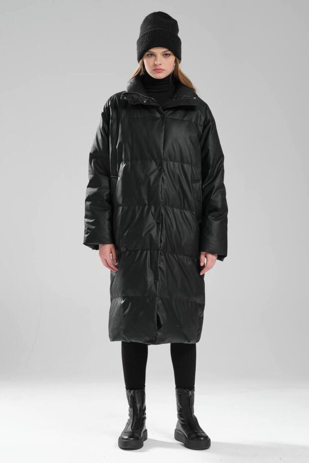 Women's Faux Leather Goose down Filled Design Long Coat
