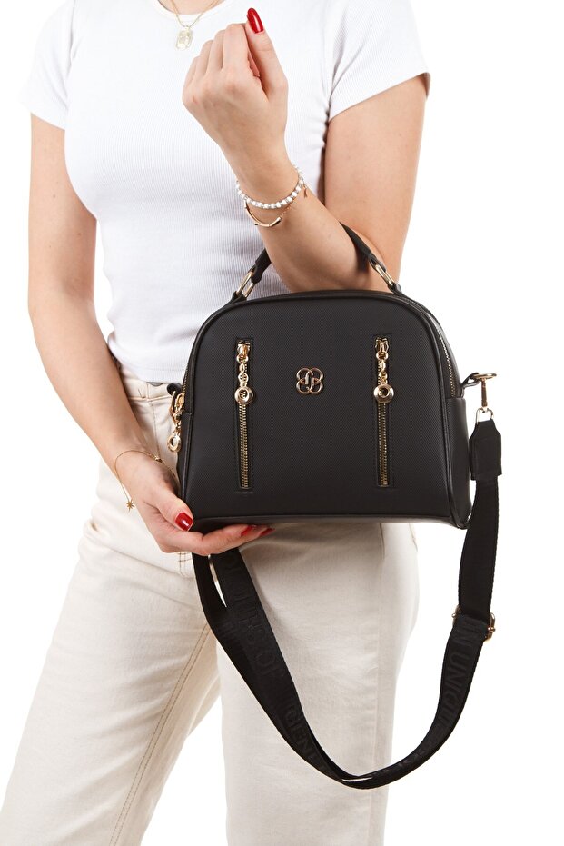 Women's Fabric Long Handle and Shoulder Bag – Black