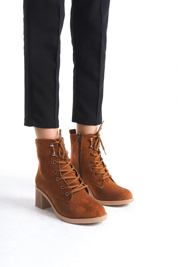 Lena Lace-Up Zippered Orthopedic Sole Heeled Suede Women's Boots - Tan