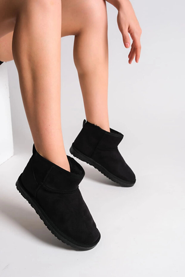 Jolie laceless flat sole fur lined short suede women's boot sst - black