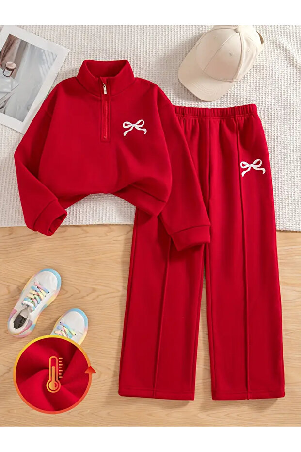 Kids New Bow Printed 100% Cotton Long Sleeve Half-Zip Sweatshirt-Track Pants