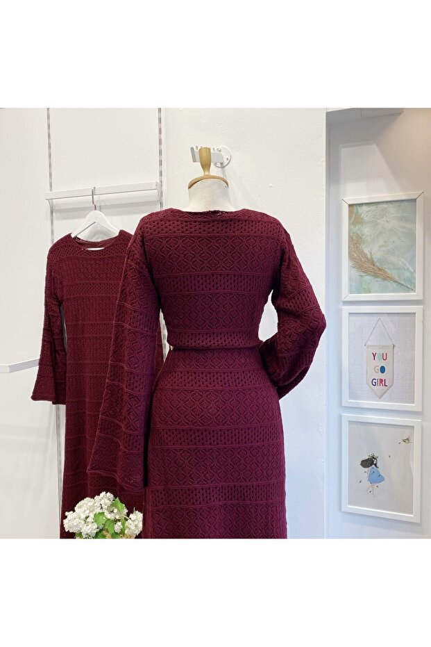 Bordo Loops Örme Triko Elbise - 2