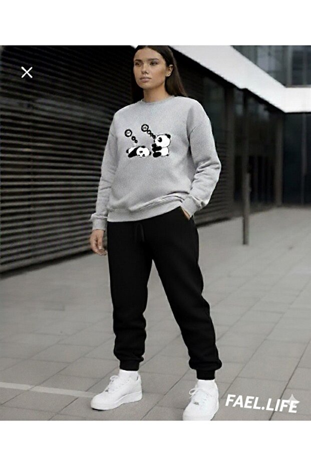 Zero Collar Sweatshirt Winter Cotton Lazy Panda Printed Tracksuit Set Loose Fit