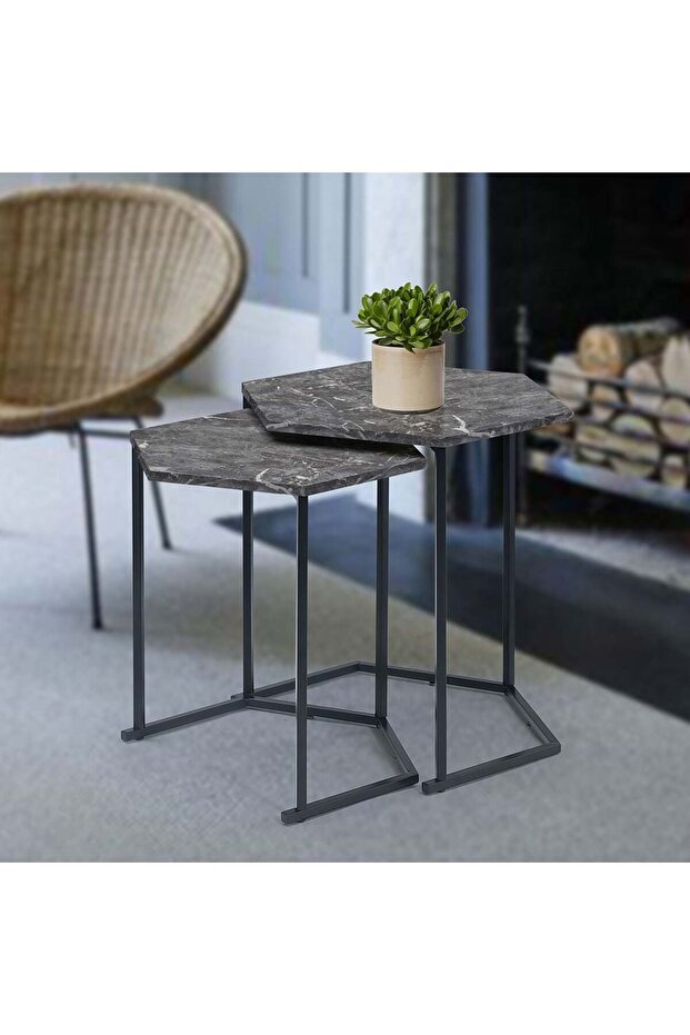 Reuben Nest of Tables Set (2) – Black Marble & Black Metal Space-Saving Accent Set