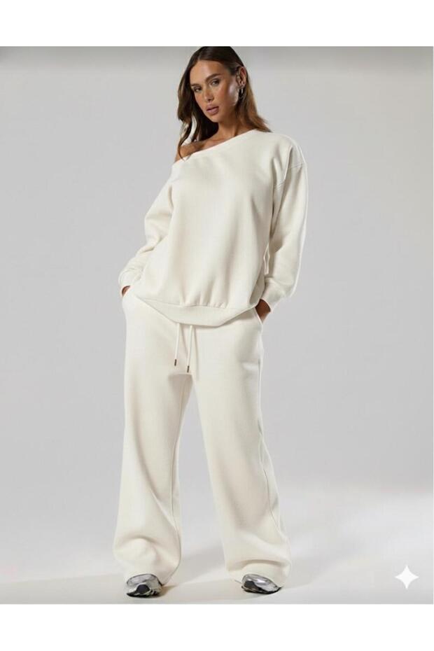NEW SEASON Women's Oversized Off-The-Shoulder Two-Thread Fabric Top-and-Bottom Tracksuit Set (Without Fleece) 0052