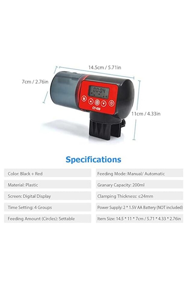 Automatic Aquarium Feeder, 200 ml, LCD Programmable Timer, Red/Black - 2