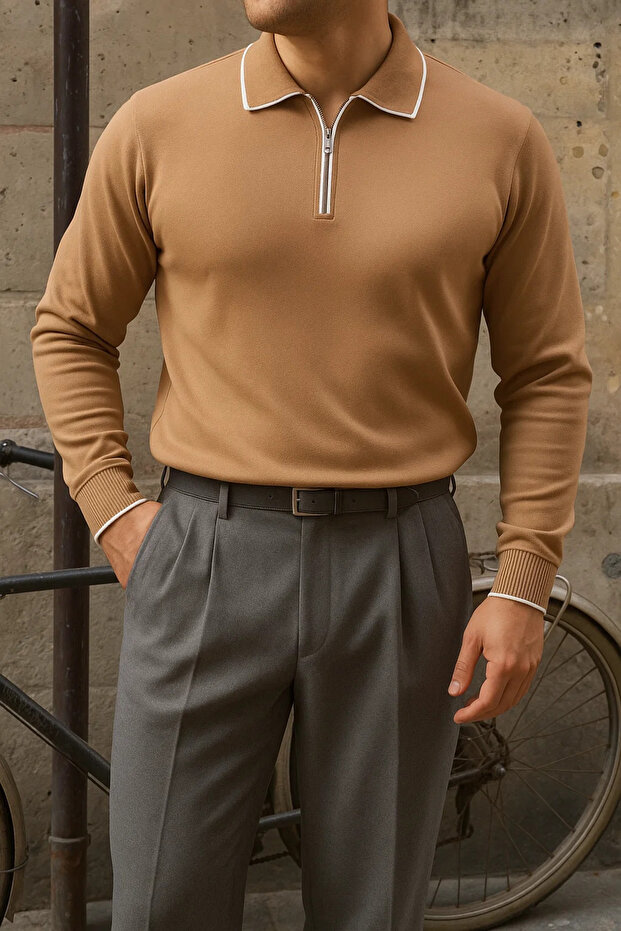 Men's Casual Striped Trendy Brown Polo Neck Sweater