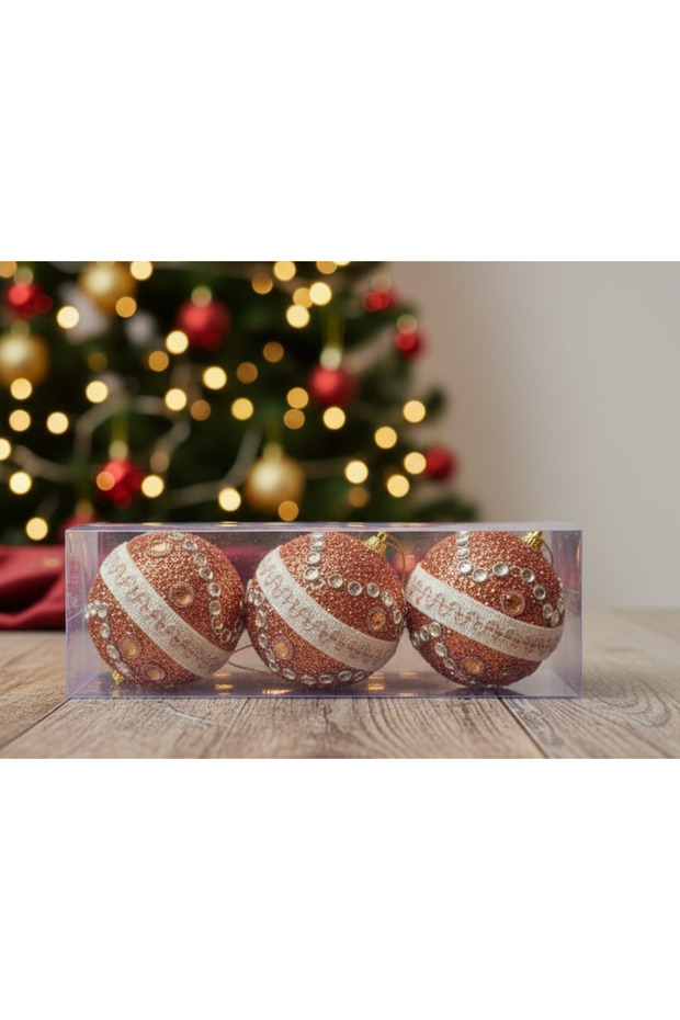 Ert-Yil-25215 New Year Ball with Beads 3 Pieces 8 cm Pvc Boxed