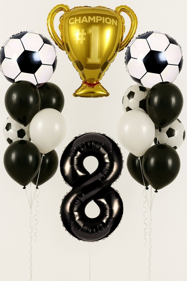8 Year Old Black and White Football Themed Birthday Balloon Set Champion Football Player Concept