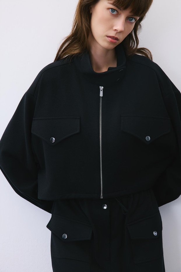Gold Detailed Wool Blend Black Jacket