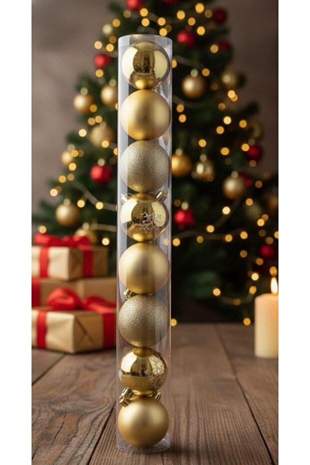 Ert-Yil-25308-Gld New Year Ball Red Silvery Shiny Matte 6 cm 8 Pieces Pvc Cylinder