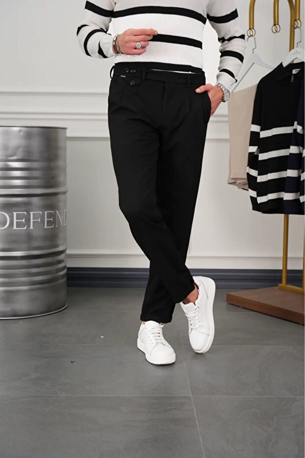 Men's Black Single Pleat High Waist Double Button Fabric Trousers