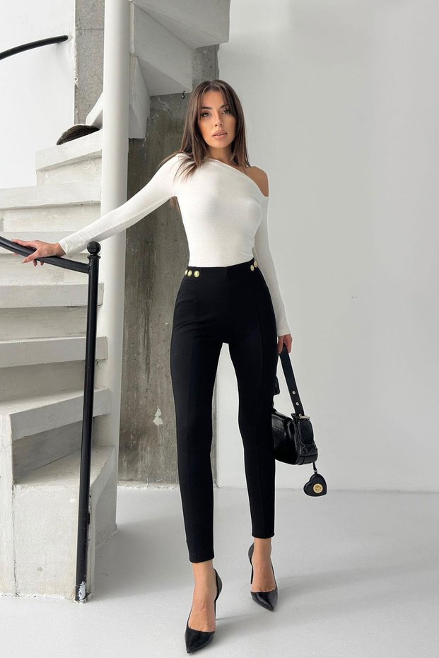 High Waist Skinny Leggings with Decorative Pockets for Women - Black