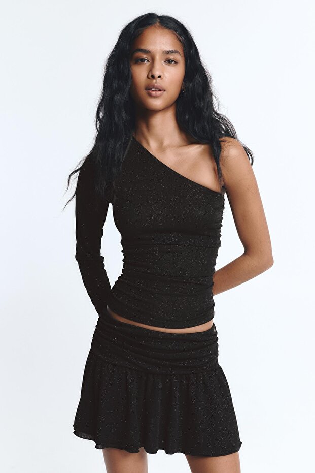 Drape detaylı taşlı fırfırlı mini etek - 2