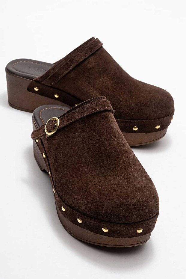 Beloni women's genuine leather clog slippers - coffee suede