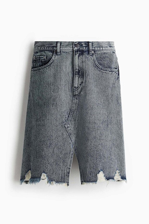 Trashed-detail denim skirt