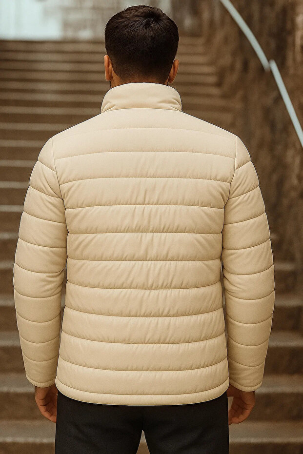 Erkek Kışlık Basic Dik Yaka Fermuarlı Krem Şişme Mont - 5