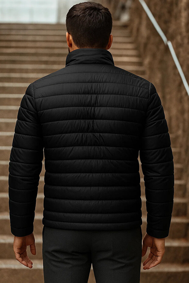 Erkek Kışlık Basic Dik Yaka Fermuarlı Siyah Şişme Mont - 5