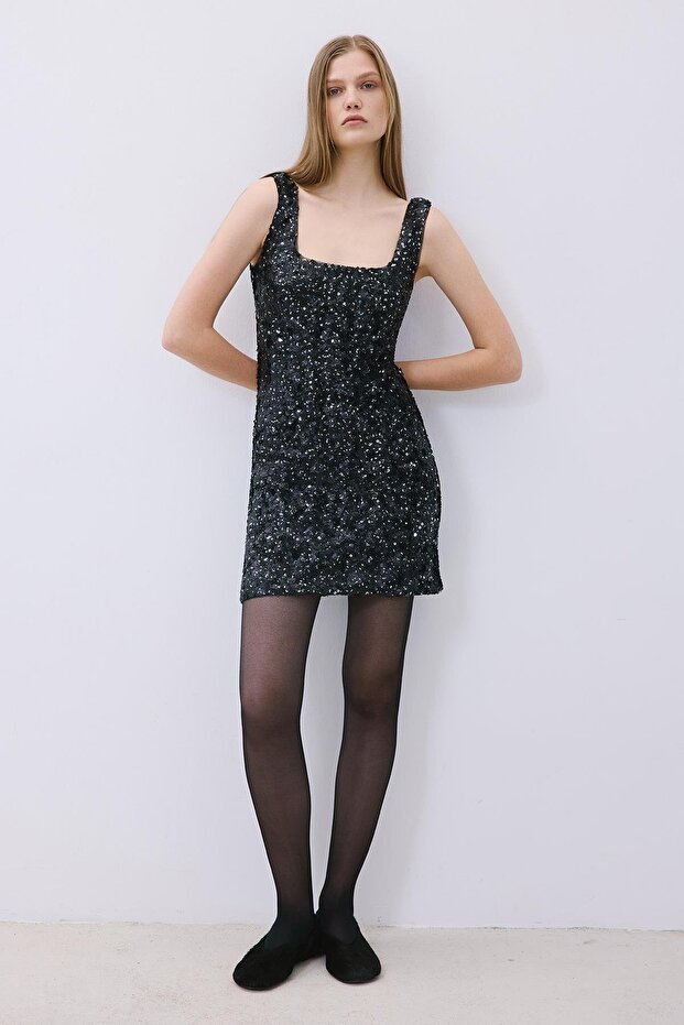 Askılı Payet Mini Siyah Elbise - 7
