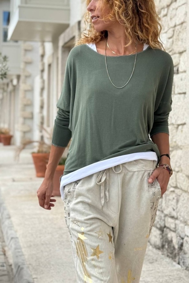 Khaki Boat Neck Two-Piece Set Soft Textured Cotton Loose Woven Blouse 65 55