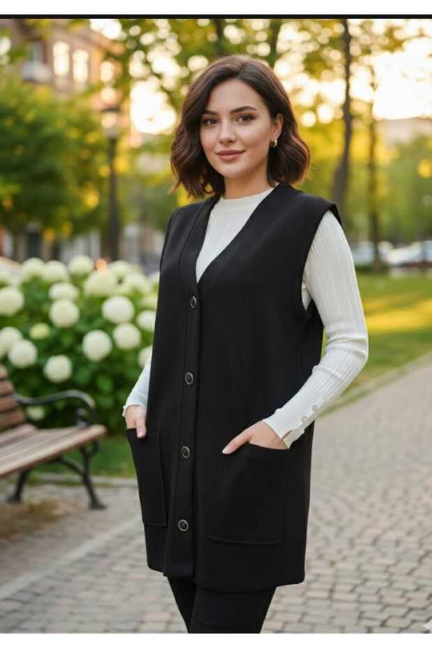 Short Length 75cm with Pockets Buttoned Steel Knitted Tricot Vest