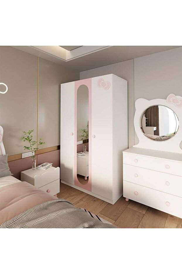 Kitty 3-Door Kids Wardrobe with Mirror - White & Pink, Engineered Wood, 6 Shelves, 2 Year Warranty