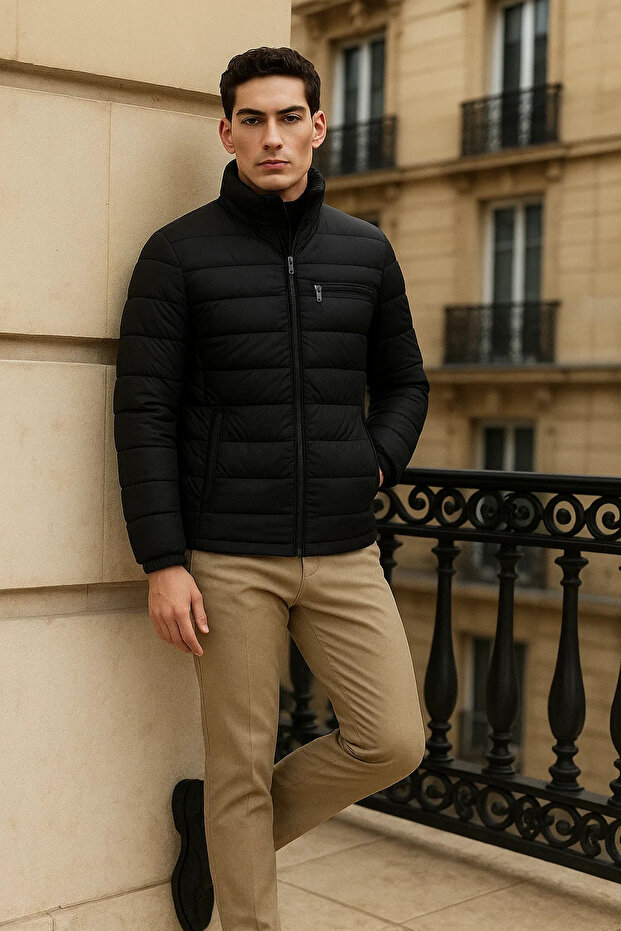 Erkek Trend Basic Dik Yaka Kışlık Siyah Şişme Mont - 3